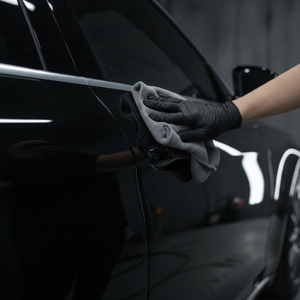 Detailgetreue Rinseless-Reinigung eines Firmenwagens auf dem Parkplatz