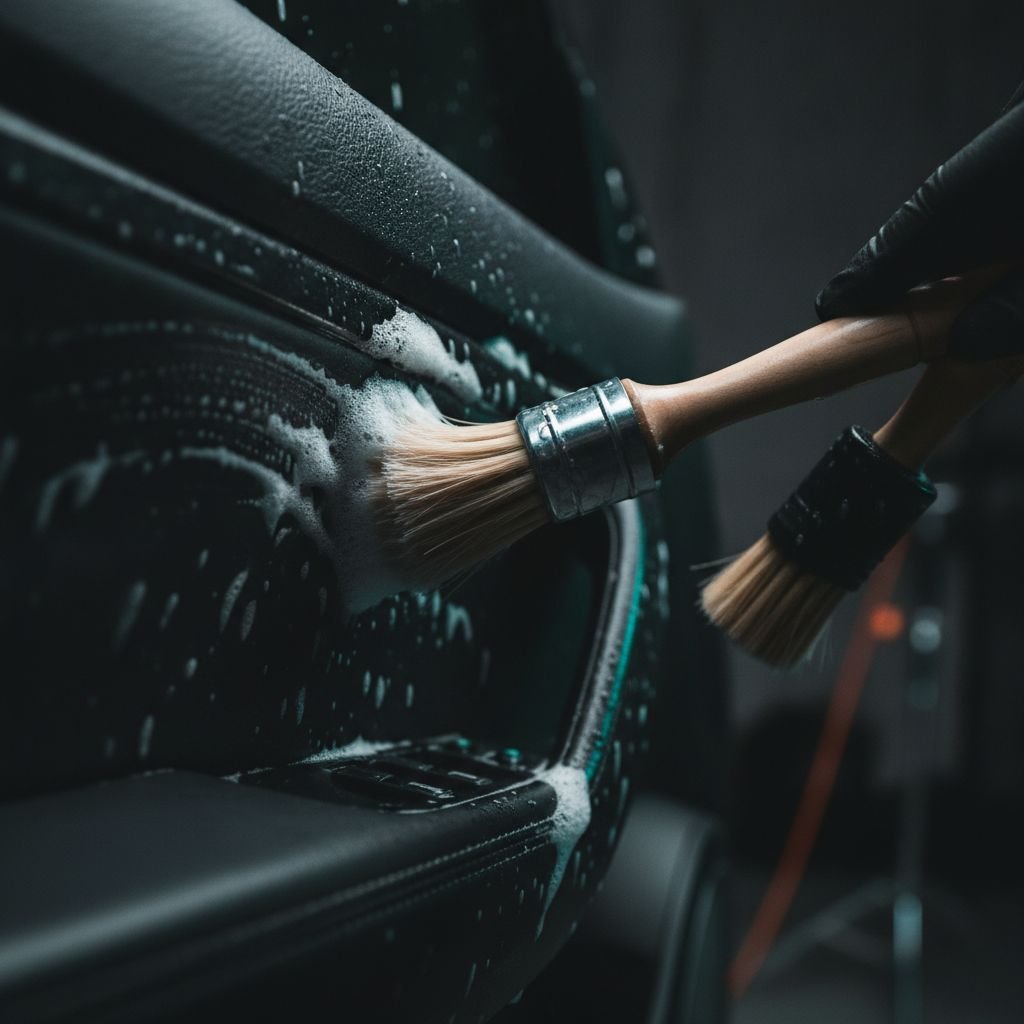Detailgetreue Innenraumreinigung der Türverkleidung eines Fahrzeugs