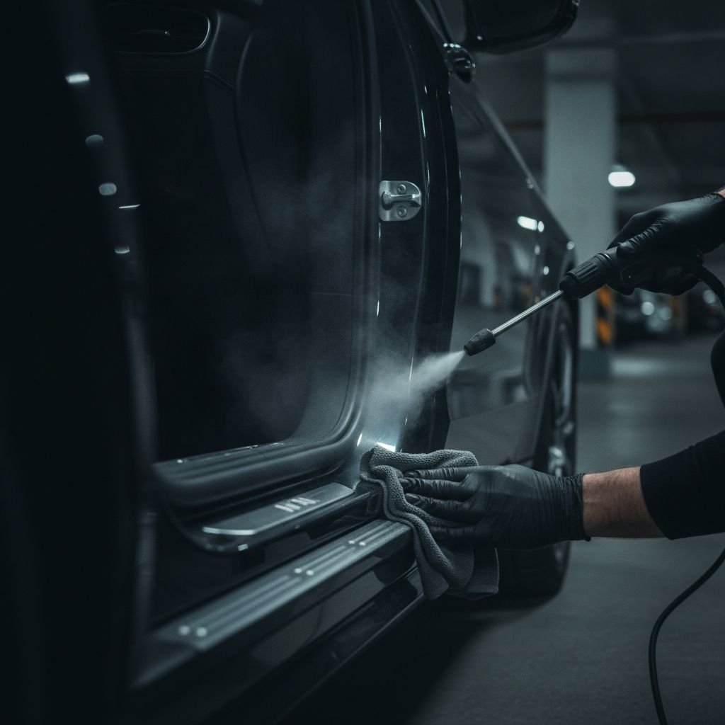 Detailaufnahme der gründlichen Türfalzen-Reinigung mit Heissdampf in einer Garage in Heerbrugg