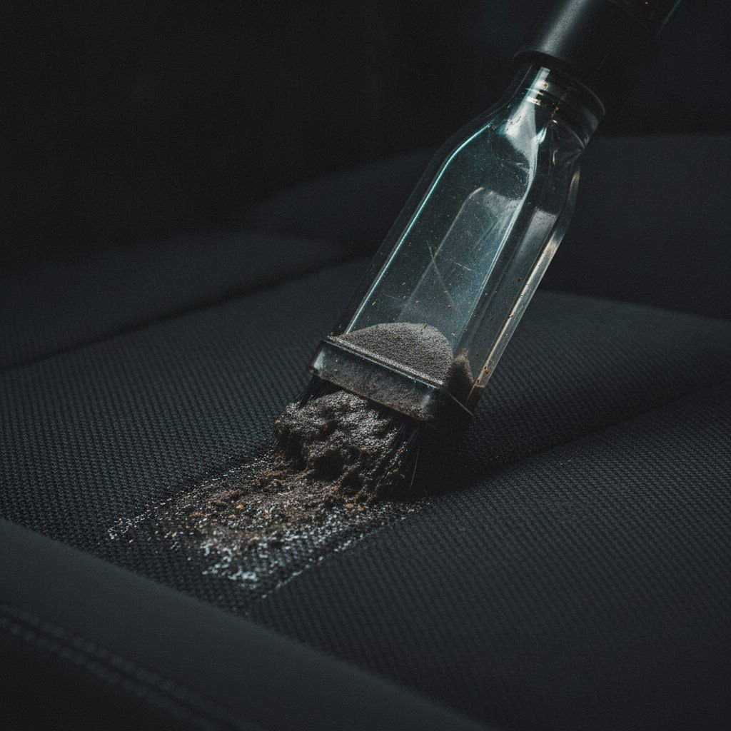 Sprühextraktionsdüse reinigt dunkles Sitzpolster im Fahrzeuginnenraum