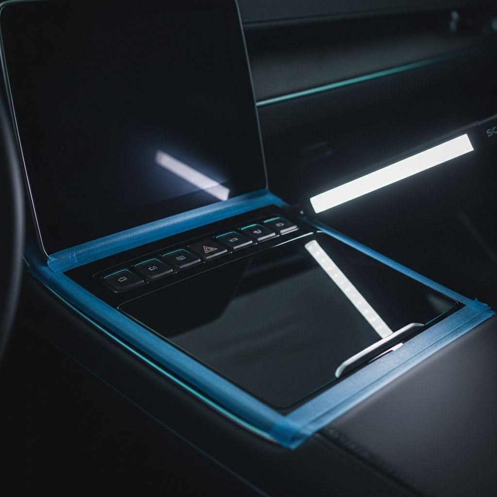 Abgeklebte Klavierlackblende im Cockpit unter LED-Inspektionslicht