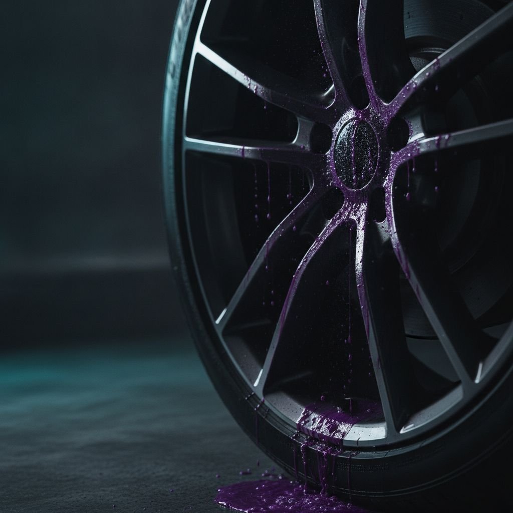 Flugrostentferner reagiert violett auf eingebranntem Bremsstaub an Alufelge