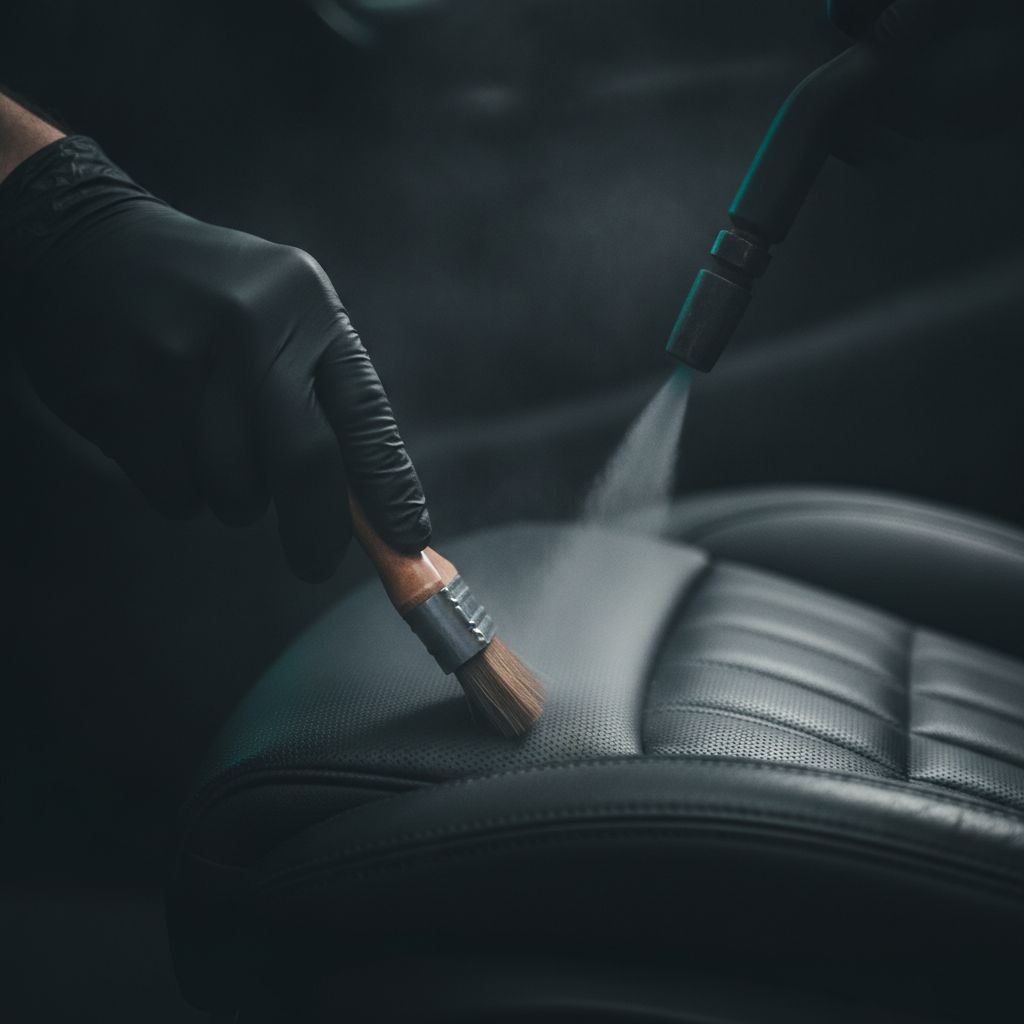Detailer reinigt Ledersitz mit Dampf und Pinsel