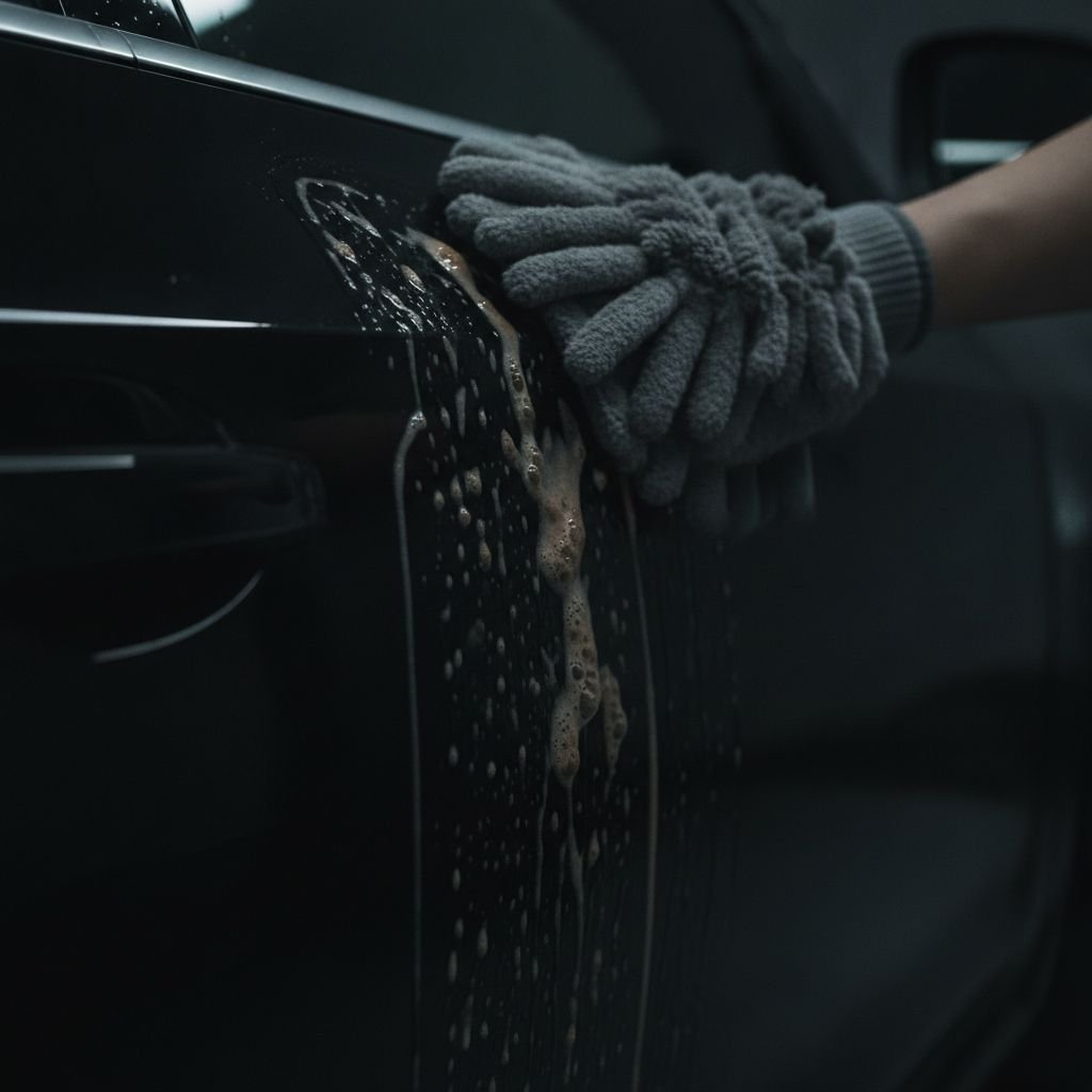 Detailaufnahme einer lackschonenden Rinseless-Handwäsche am Fahrzeuglack