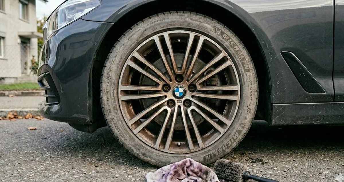 Verschmutzte Felge mit eingebranntem Bremsstaub und Werkzeug vor der 4-Phasen-Reinigung im Rheintal