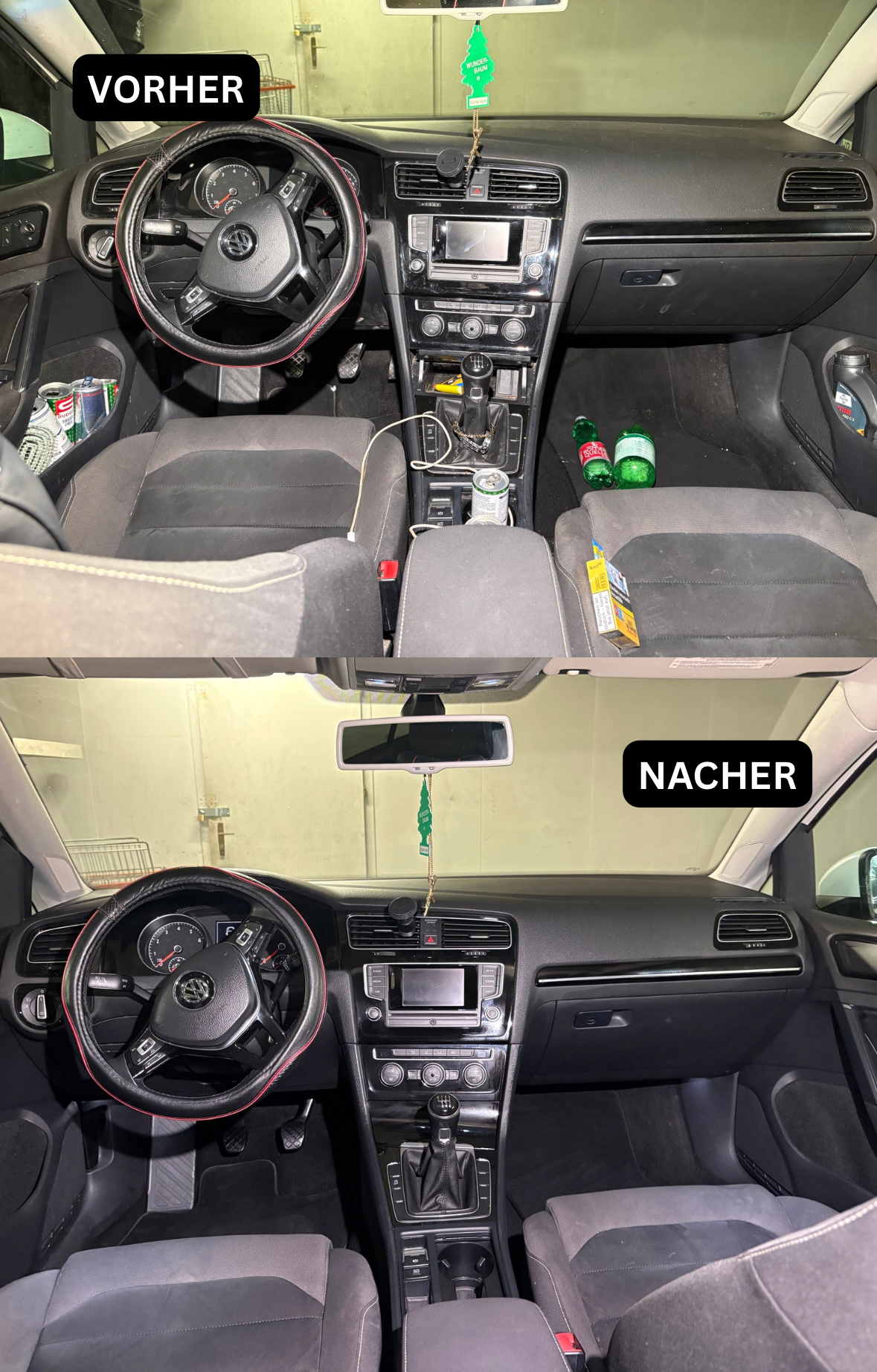 VW Golf Cockpit vorher und nachher — Armaturenbrett, Lenkrad und Fussraum nach der Innenreinigung — MD CARE Ostschweiz