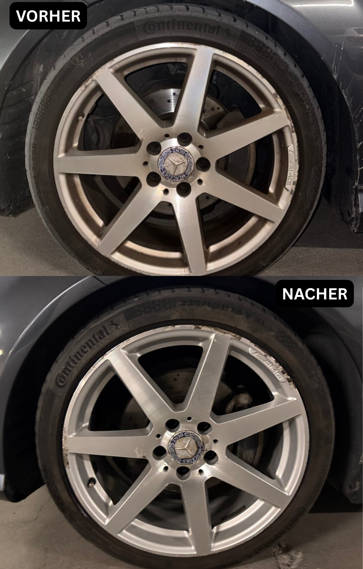Mercedes AMG Felge vorher und nachher — Bremsstaub und Flugrost entfernt durch 4-Phasen-Felgenreinigung — MD CARE Ostschweiz